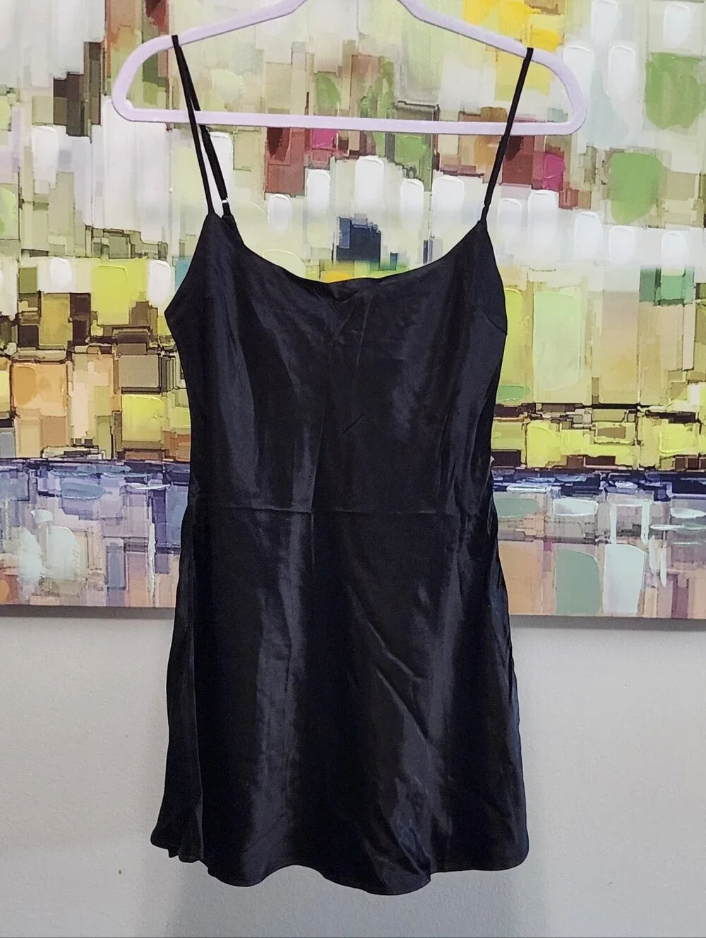 Meshki Valentina Black Satin Slip Chemise Mini Dress
